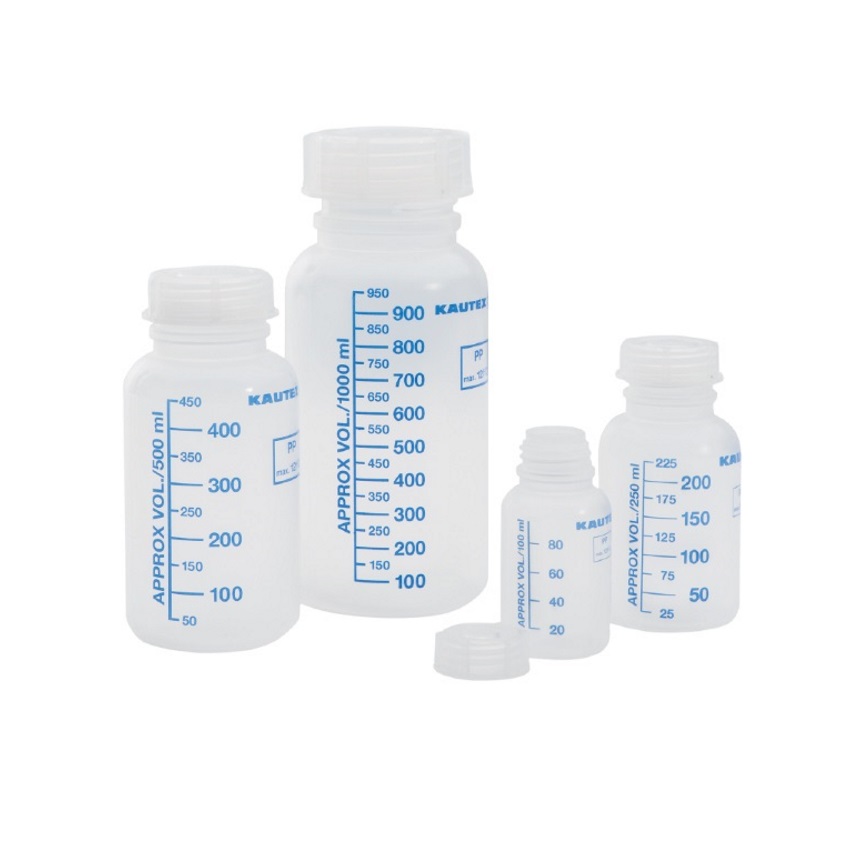 Butelki zakręcane z szeroką szyjką (PP), z podziałką – o poj. 100 ml – 1 l Butelki zakręcane z szeroką szyjką (PP), z podziałką – o poj. 100 ml – 1 l