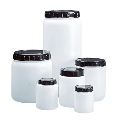 Okrągłe pojemniki z HDPE, z szeroką szyją, korkiem i zakrętką - o poj. 70 ml - 2 l