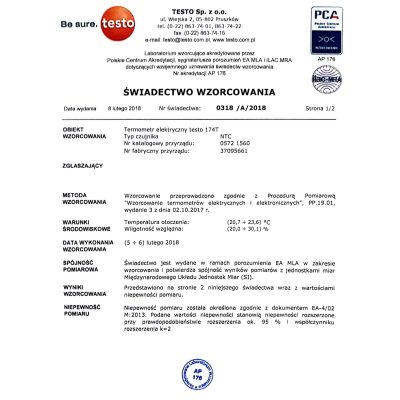 Świadectwo wzorcowania do termometrów Testo