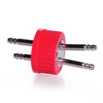 Zakrętki Duran z PBT z portami ze stali nierdzewnej i uszczelką - GL 45 - g-0255 - zakretka-z-pbt - z-2-portami-ze-stali-nierdzewnej - gl45-2 - czerwona - 1-szt