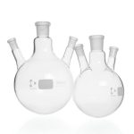 Kolby okrągłodenne - trójszyjne - szyjki boczne skośne - g-2261 - kolba-okraglodenna-trojszyjna-duran - szyjki-boczne-skosne - 100-ml - ns-2932 - 2-x-ns-14-23 - 64-mm - 105-mm