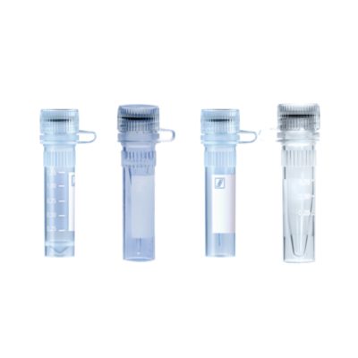 Mikroprobówki z PP - z rowkowaniem - z nakręconymi zakrętkami z haczykiem łączącym - z polem do opisu i skalą