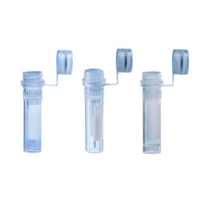 Mikroprobówki z PP - z rowkowaniem - z odkręconymi zakrętkami z haczykiem łączącym - z polem do opisu i skalą