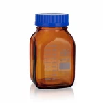 Butelki kwadratowe ze szkła Simax - z zakrętką z PP - oranżowe - gwint GL80 - poj. 500 - 5000 ml - s-2613 - butelka-kwadratowa-ze-szkla-simax - oranzowa - niebieski-pp - 500-ml - 94-mm - 139-mm - gl80