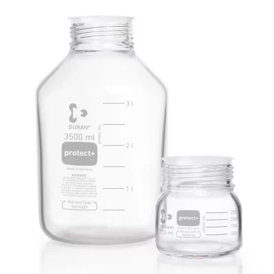 Butelki laboratoryjne Duran protect+ bez zakrętki - bezbarwne - gwint GLS80