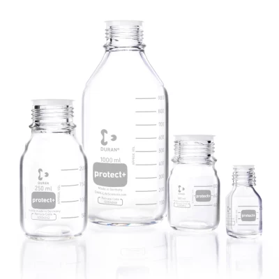 Butelki laboratoryjne Duran protect+ bez zakrętki - bezbarwne