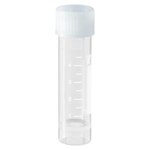 Probówki stożkowodenne - z zakrętką z HDPE - samostojące - poj. 3,5 ml - 5 ml - j-0263 - probowki-stozkowodenne-z-pp-ze-skala-i-etykieta - 5-ml - 153-x-57-mm - bezbarwna - sterylne - worek - 100-szt - 62-558-201