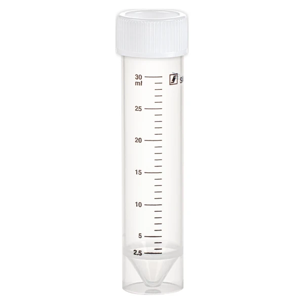 Probówki stożkowodenne - z zakrętką z HDPE - samostojące - poj. 25-30 ml - j-0277 - probowki-stozkowodenne-z-pp-ze-skala - 30-ml - 25-x-107-mm - bezbarwna - sterylne - worek - 50-szt - 62-543-001