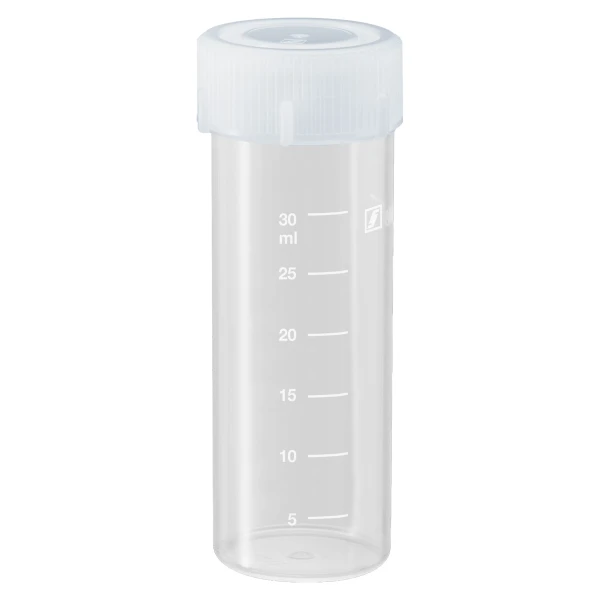 Probówki płaskodenne - z zakrętką - poj. 5 ml - 120 ml - j-0337 - probowki-plaskodenne-z-pp-ze-skala - 40-ml - 285-x-85-mm - bezbarwna - sterylne - worek - 50-szt - 62-555-001