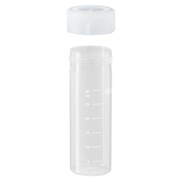 Probówki płaskodenne - z zakrętką - poj. 5 ml - 120 ml - j-0338 - probowki-plaskodenne-z-pp-ze-skala - 40-ml - 285-x-85-mm - bezbarwna - niesterylne - worek - 50-szt - 62-555