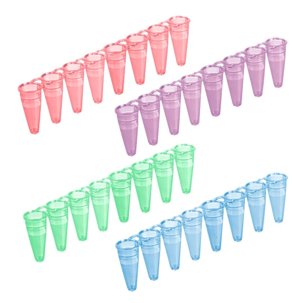 Probówki Multiply®-µStripPro do PCR w paskach - 8-stanowiskowe - bez zatyczek  - poj. 0,2 ml - j-1073 - probowki-do-pcr-w-paskach-8-stanowiskowe - 02-ml - czerwony-zielony-niebieski-fioletowy - pcr-performance-tested - 480-szt - 72-985-992